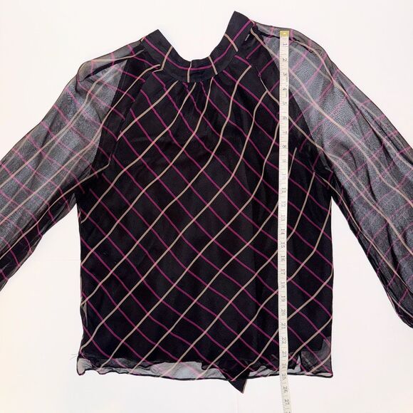 Milly Sioane Windowpane Print Silk Chiffon Top Black Pink Blouse Sheer Sleeves L - Picture 11 of 16